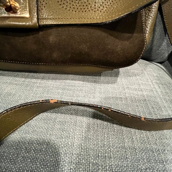 Orla Kiely Stem Olive Green Punched Leather Crossbody Messenger Bag - Picture 10 of 10